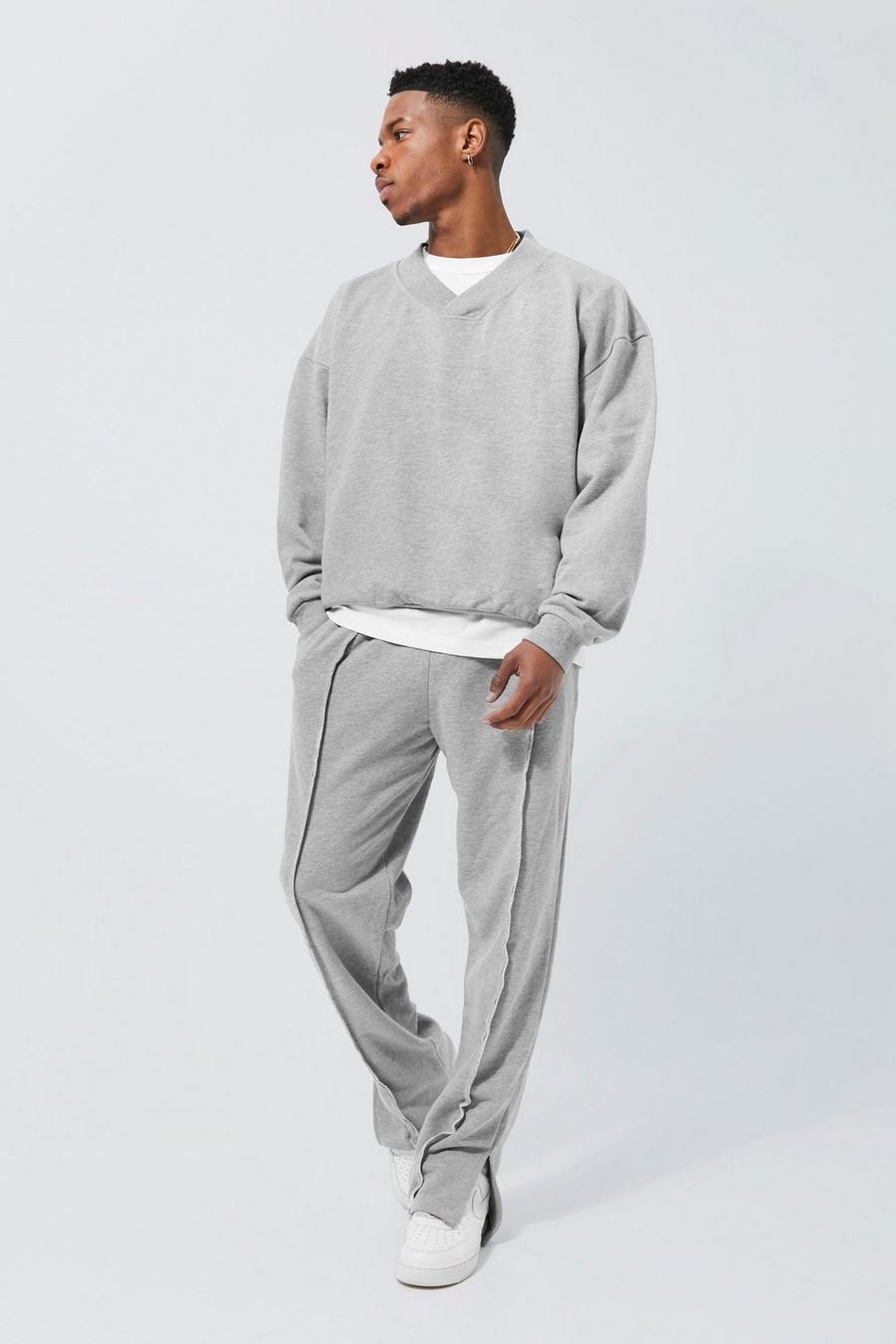 Grey marl V-ringad sweatshirt och mjukisbyxor image number 1