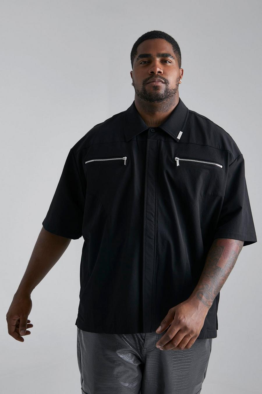 Black negro Plus Relaxed Zip Detail Short Sleeve Shirt​