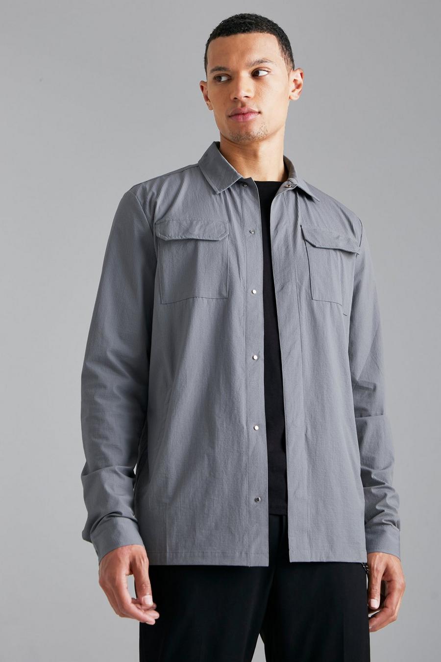 Tall Seersucker Utility Overshirt, Grey gris image number 1