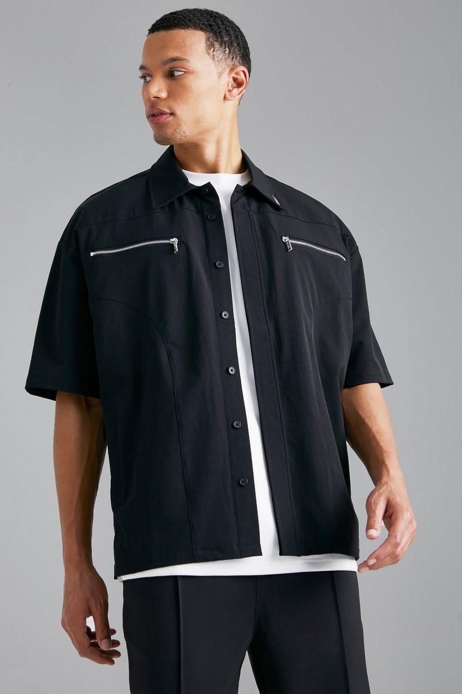 Black Tall Relaxed Zip Detail Short Sleeve Shirt image number 1