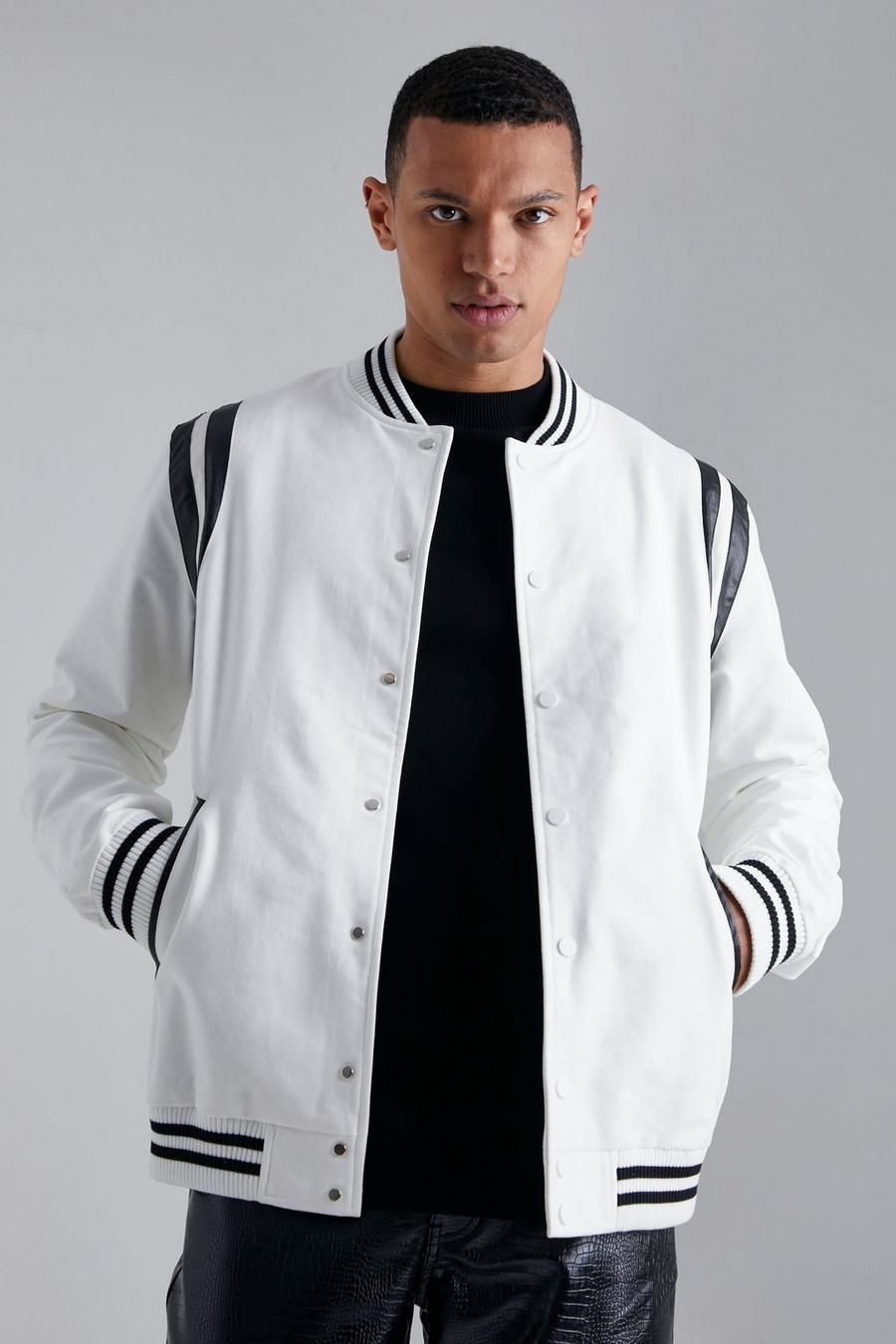 White Tall Faux Suede Varsity Bomber Jacket image number 1