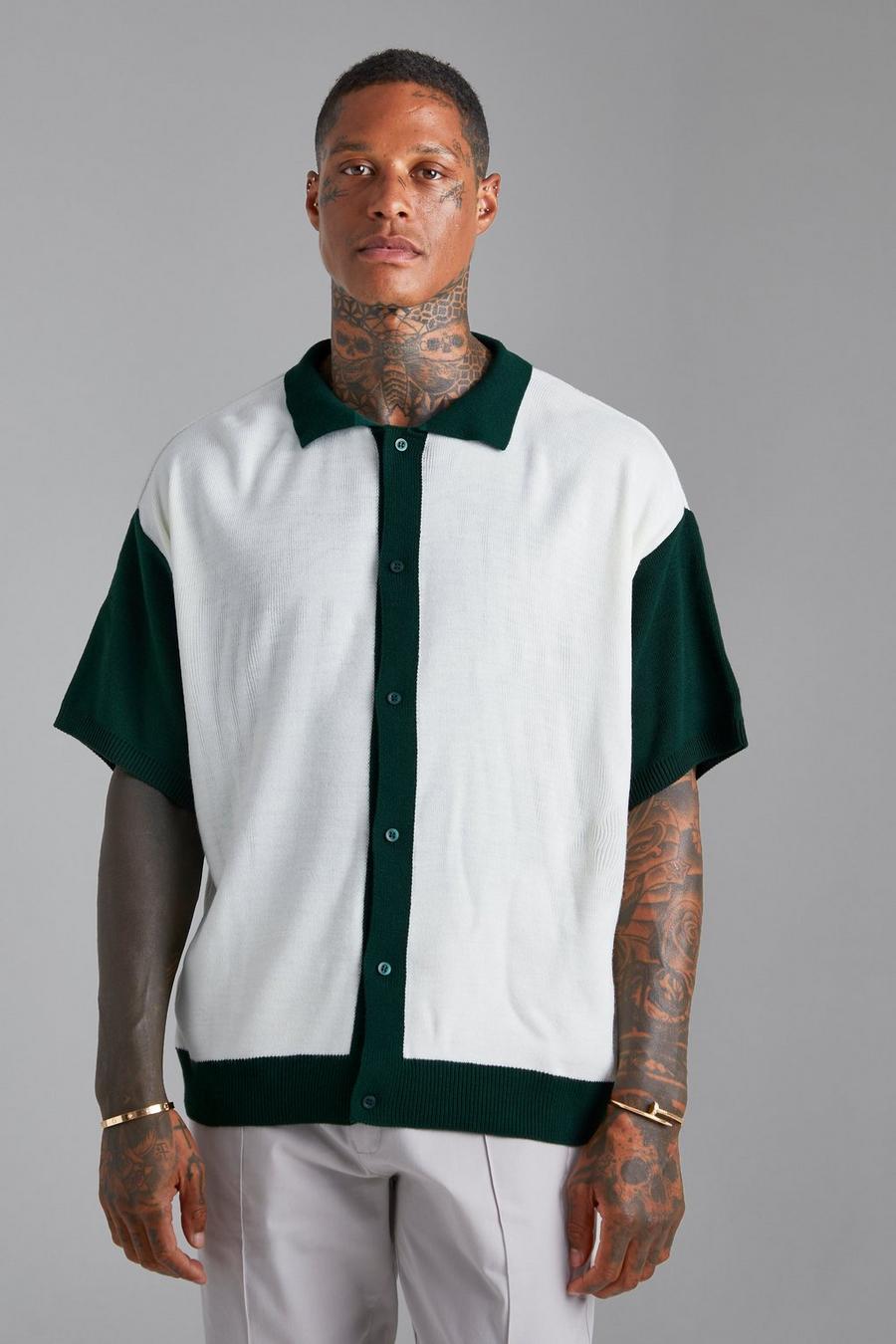 Ecru Oversized Knitted Contrast Placket Polo  image number 1