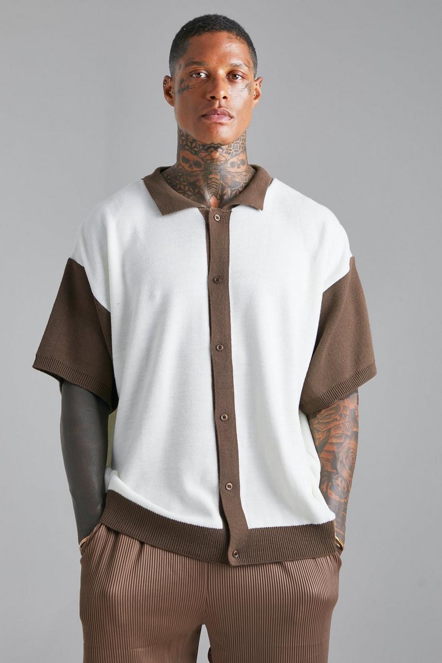 Ecru Oversized Knitted Contrast Placket Polo  image number 1