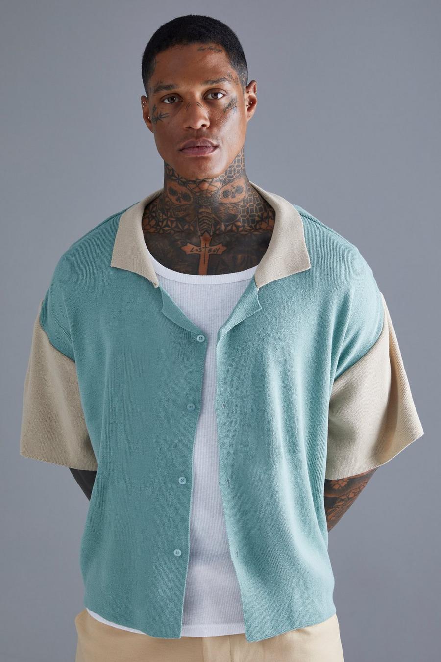 Sage Contrast Sleeve Knitted Shirt  image number 1