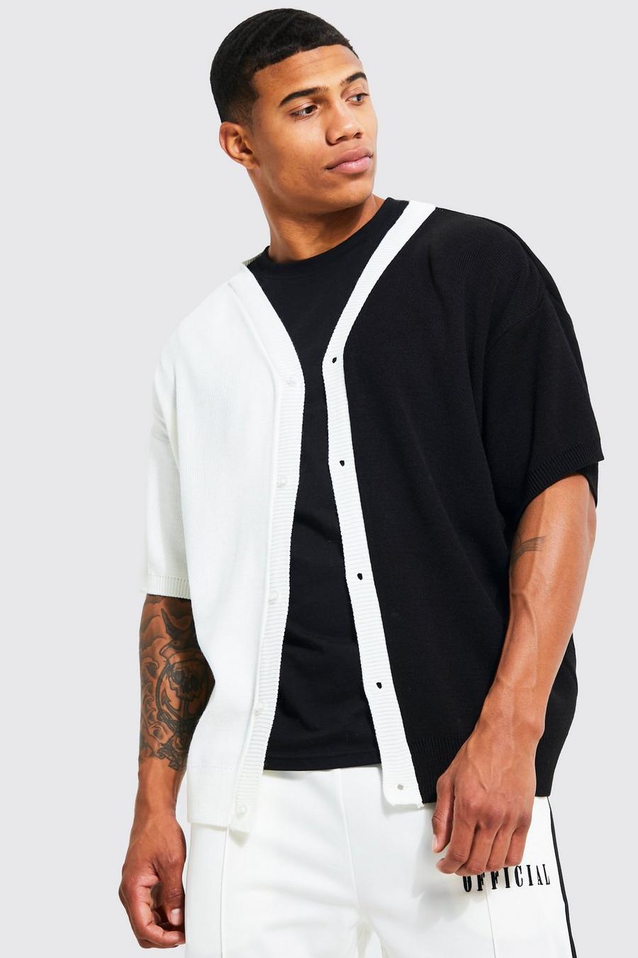 Black Spliced Short Sleeve Knitted Shirt  image number 1