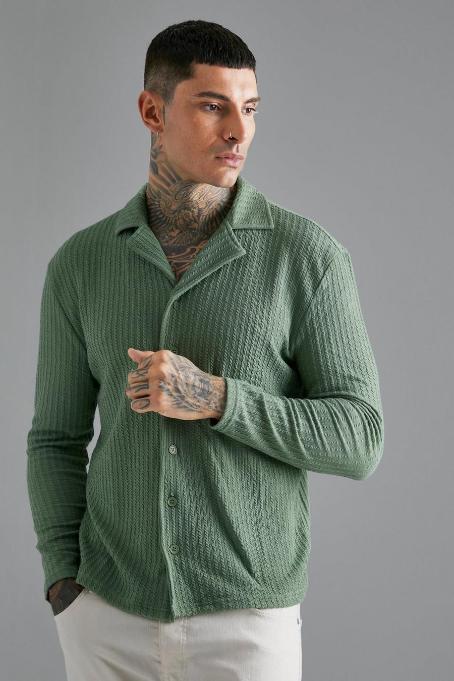 Taupe Long Sleeve Revere Knitted Crinkle Shirt image number 1