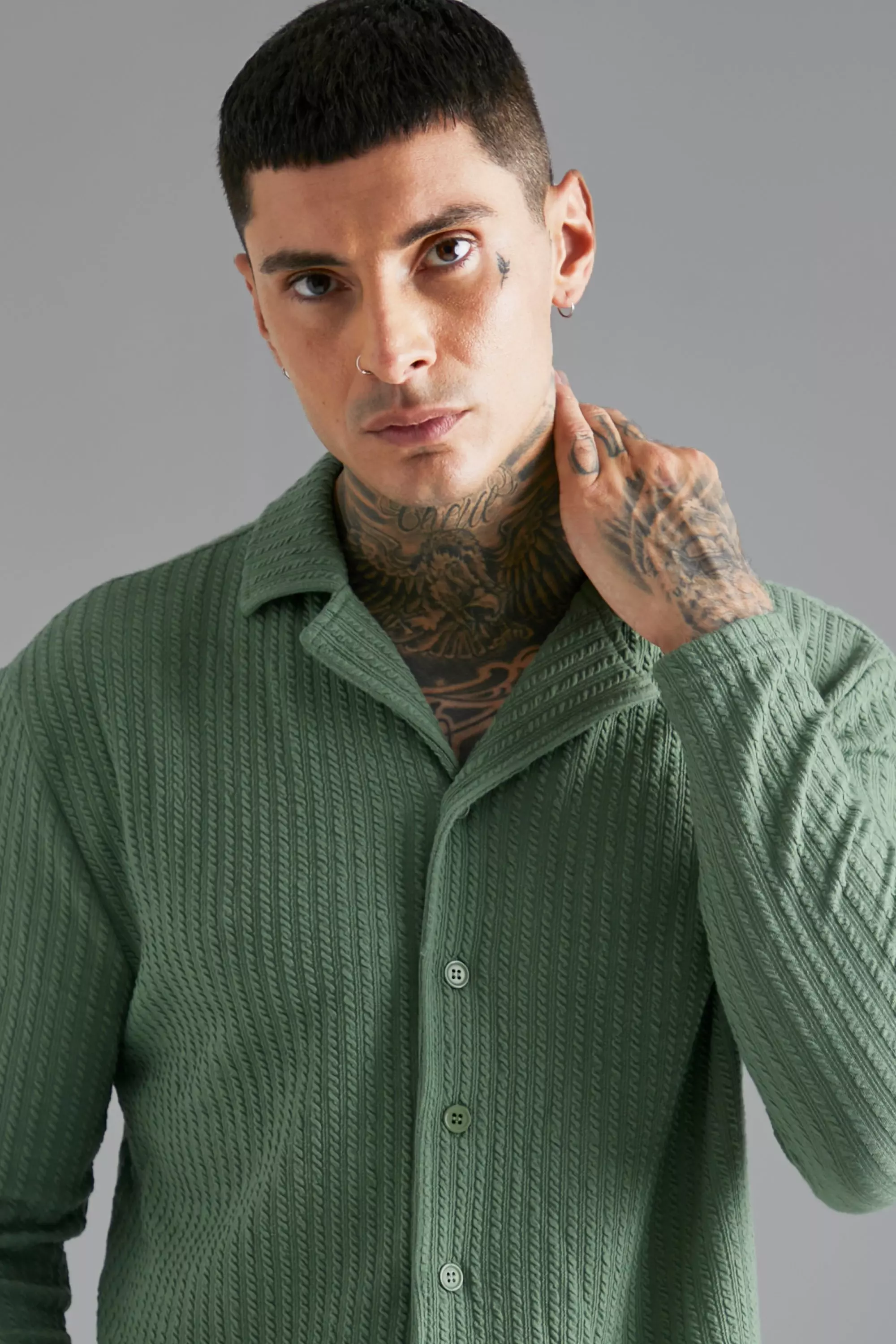 Long Sleeve Revere Knitted Crinkle Shirt