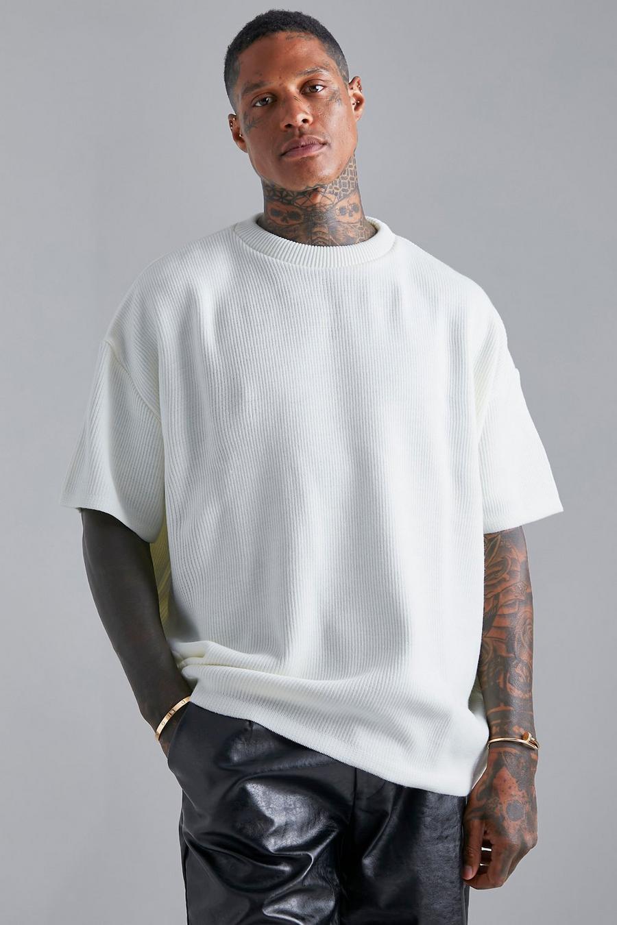 Camiseta oversize plisada de punto, Ecru bianco image number 1