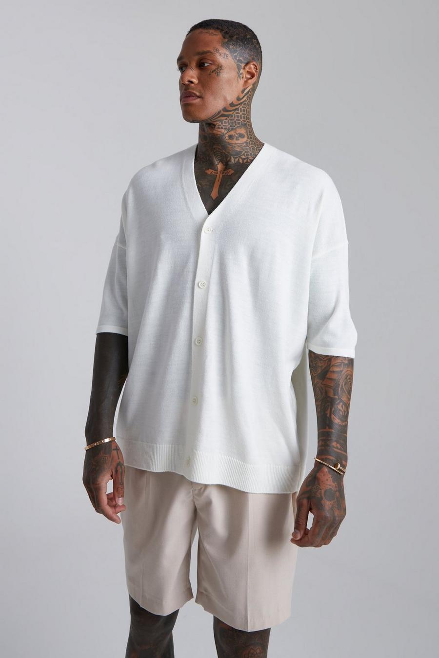Ecru white V Neck Short Sleeve Knitted Shirt  image number 1