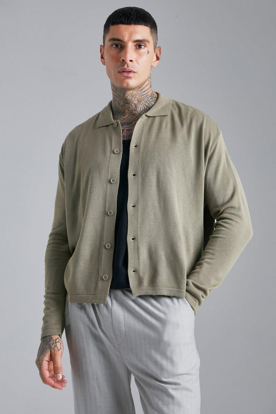 Taupe Long Sleeve Boxy Button Down Knitted Shirt  image number 1