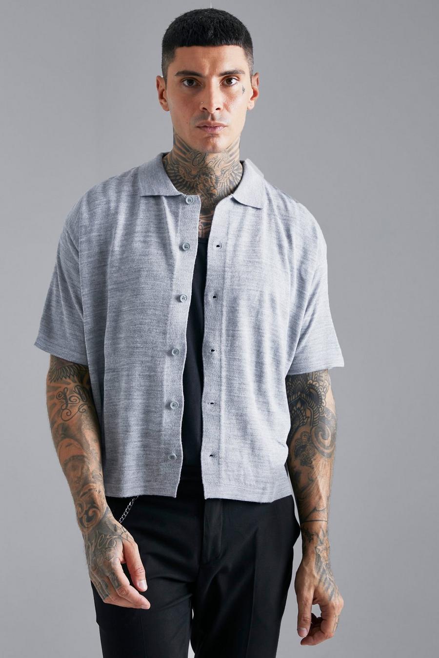 Grey grå Short Sleeve Boxy Button Down Knitted Shirt 