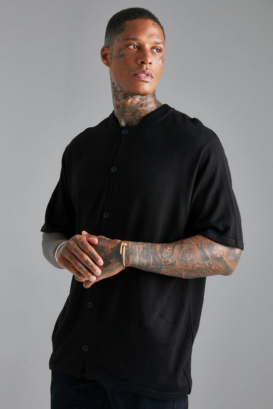 Black Short Sleeve Grandad Collar Knitted Shirt  image number 1