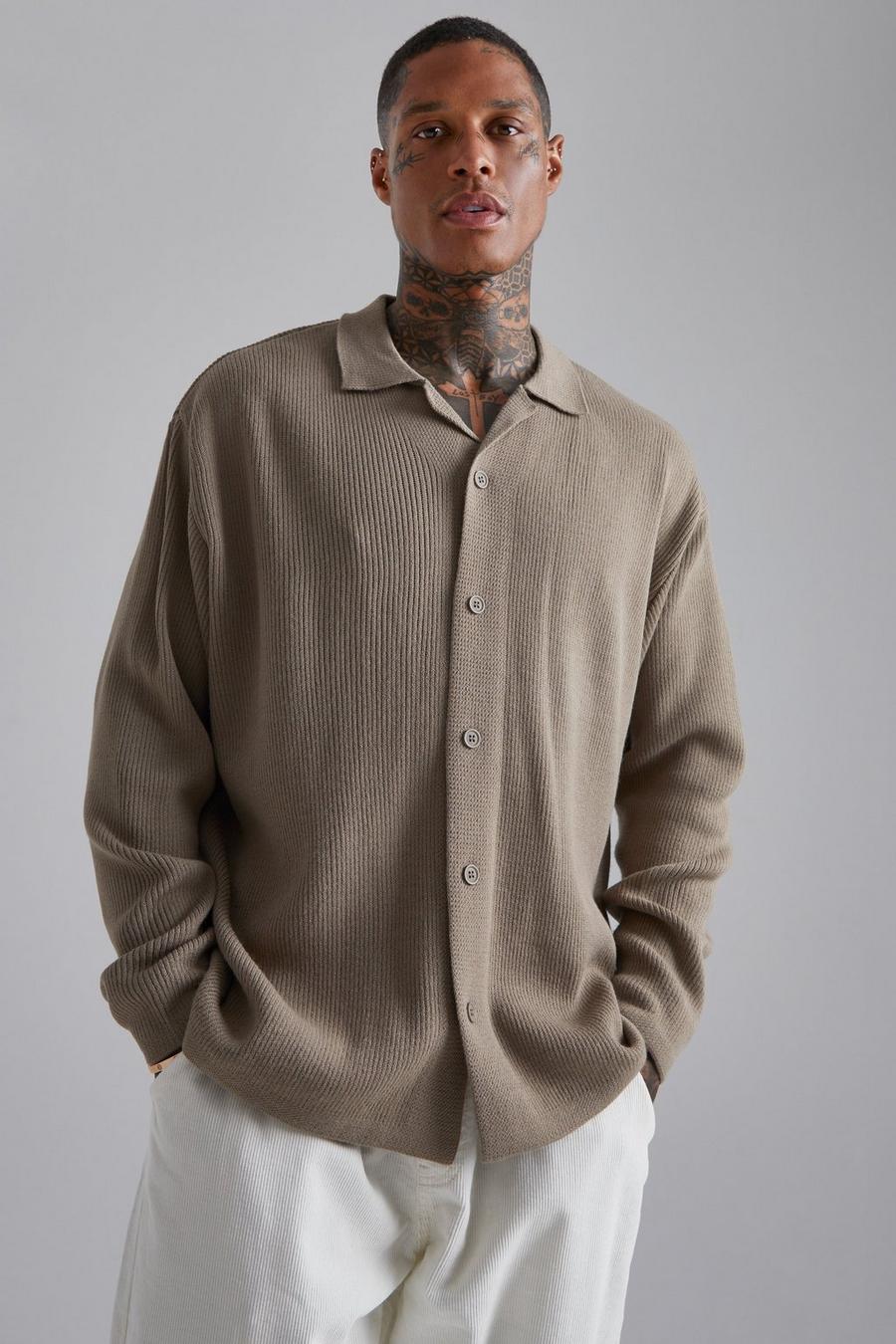 Taupe Long Sleeve Knitted Pleated Revere Shirt  image number 1