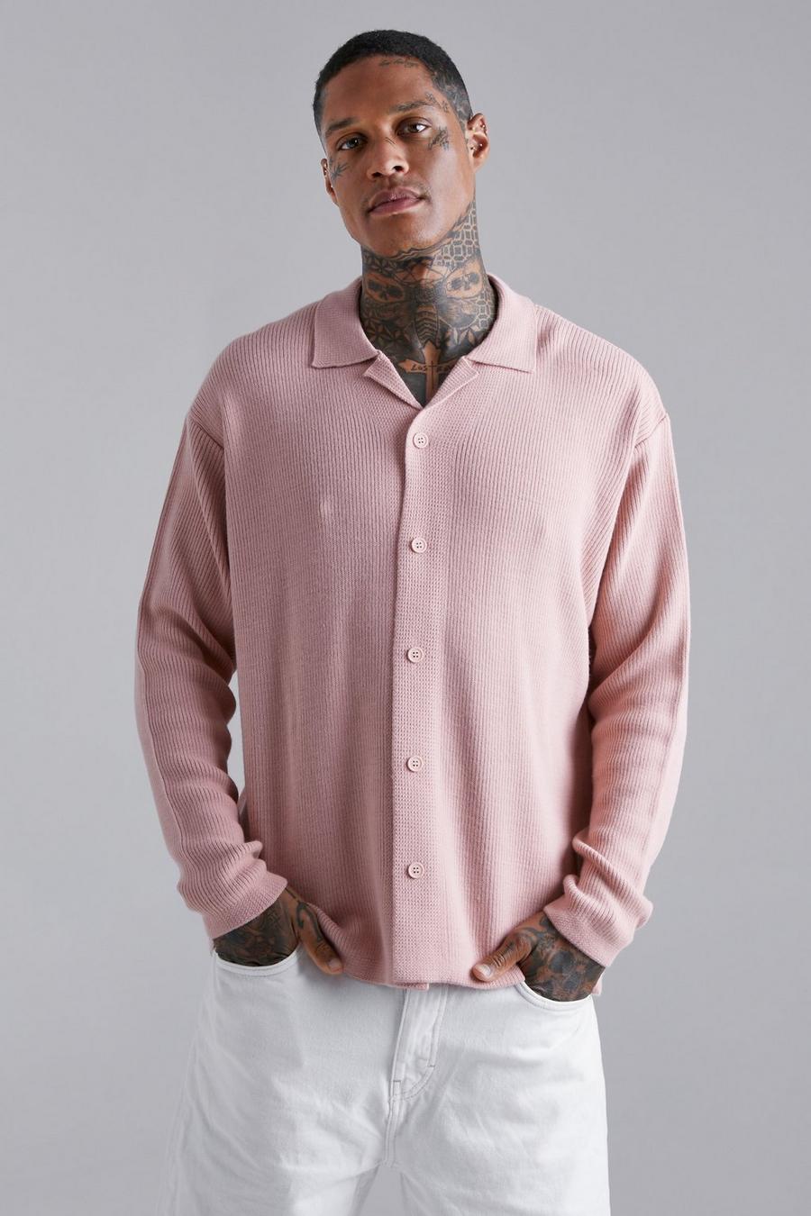 Pale pink rosa Långärmad stickad skjorta med bowlingkrage