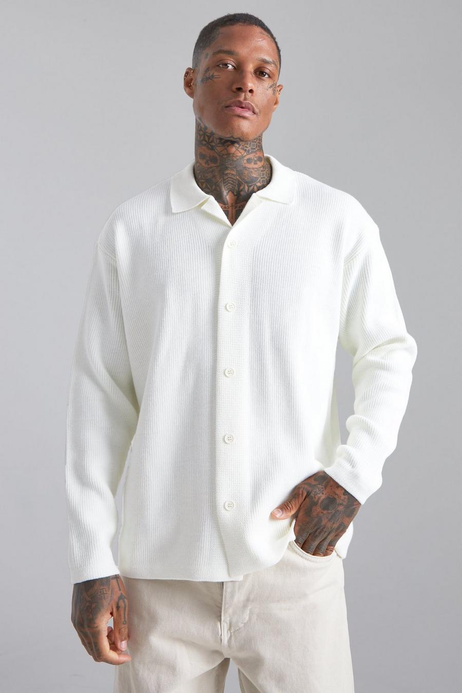 Ecru vit Långärmad stickad skjorta med bowlingkrage image number 1