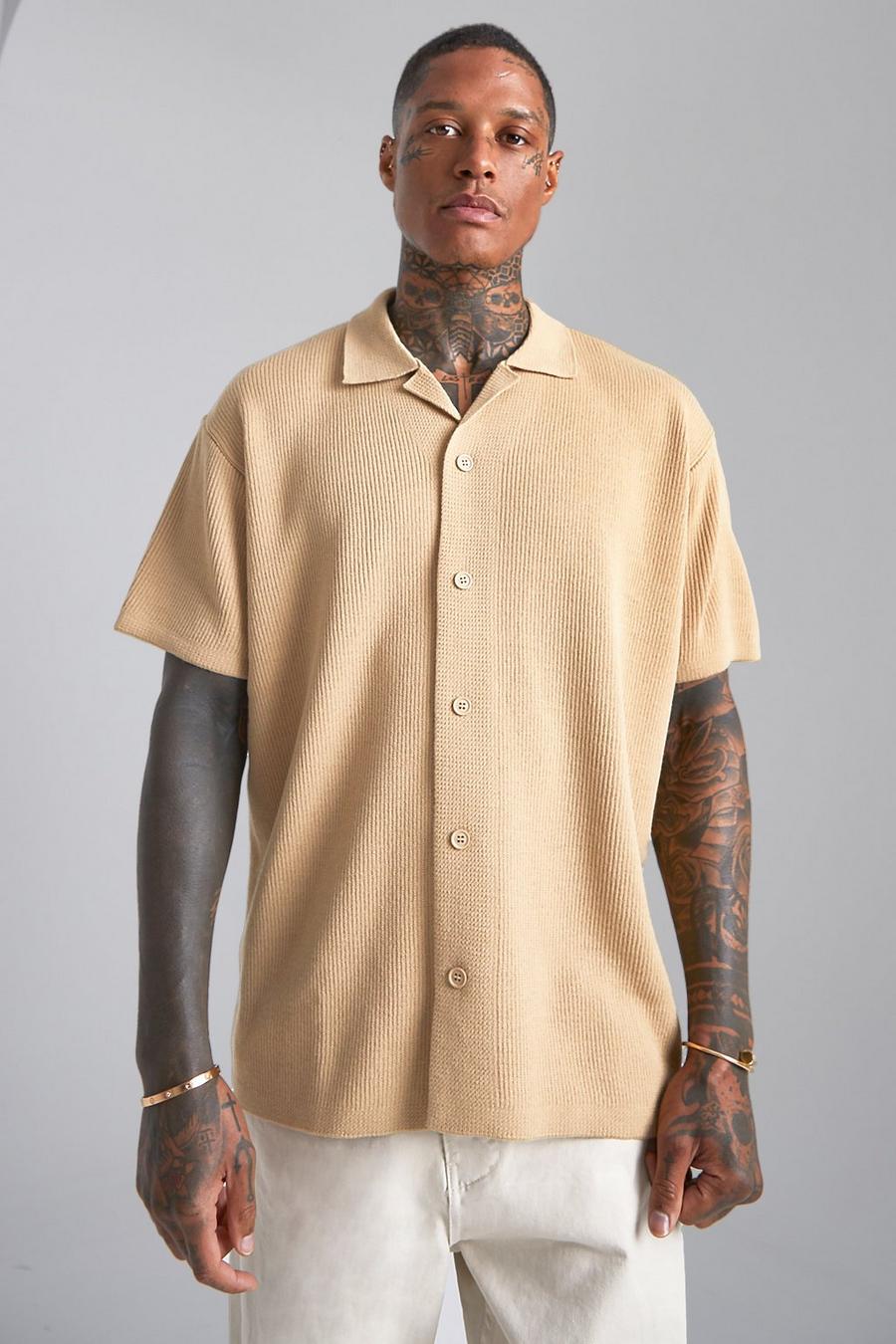 Stone beige Short Sleeve Knitted Pleated Revere Shirt  image number 1