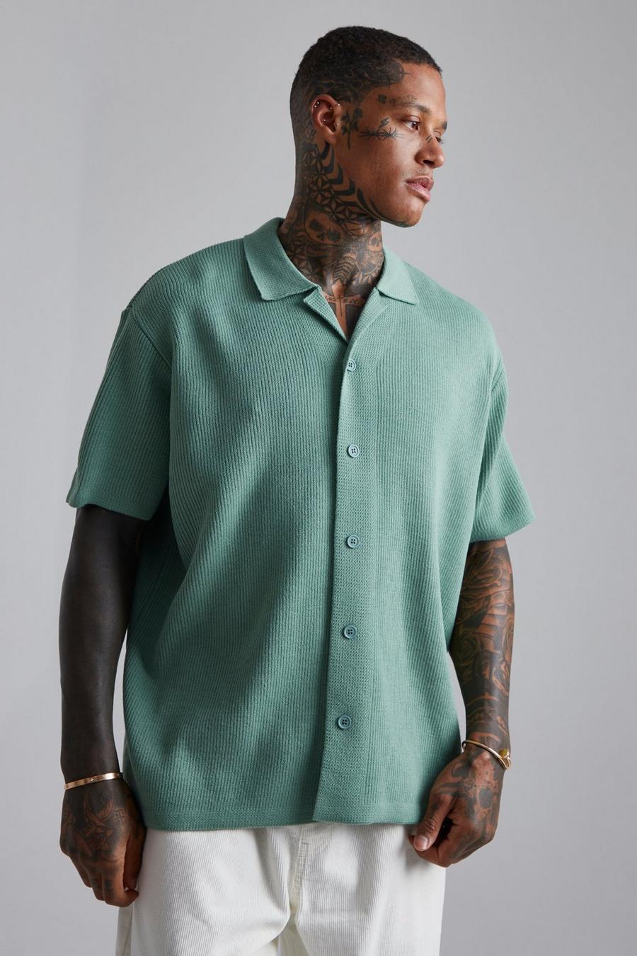 Sage grön Kortärmad stickad skjorta med bowlingkrage