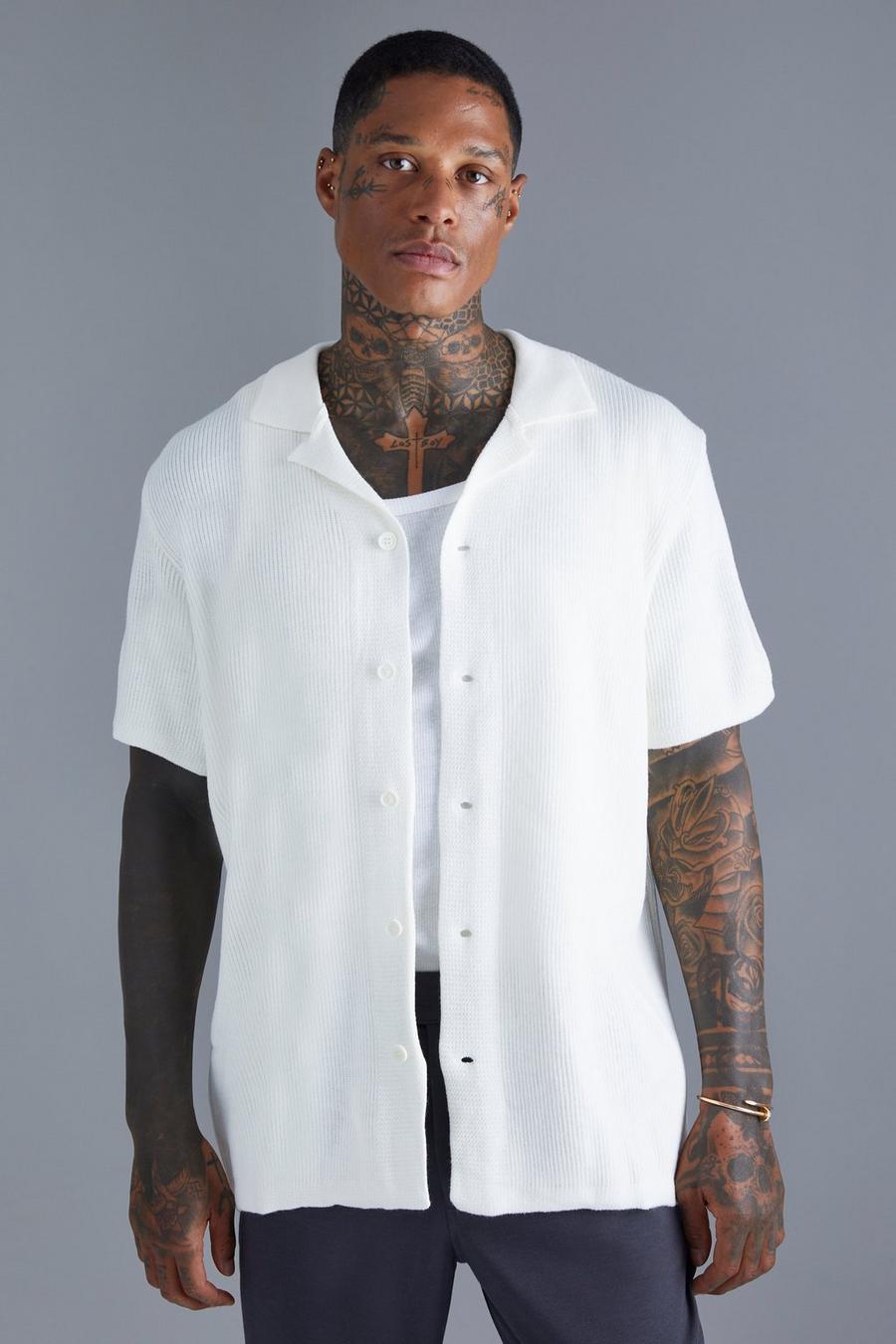 Ecru white Short Sleeve Knitted Pleated Revere Shirt  image number 1