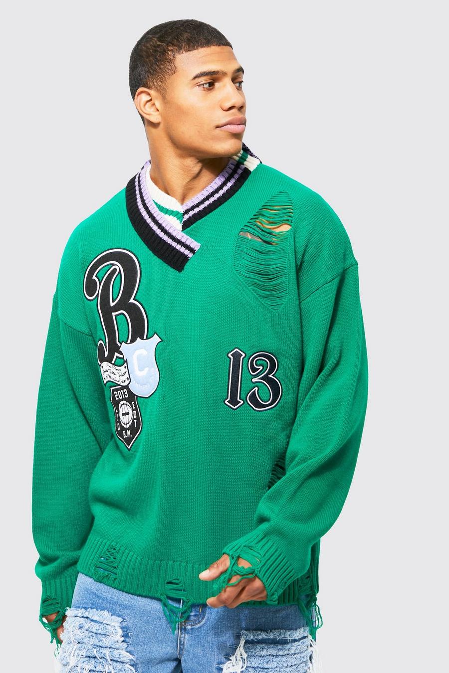 Green Oversized Distressed Varsity Jumper With Neck image number 1