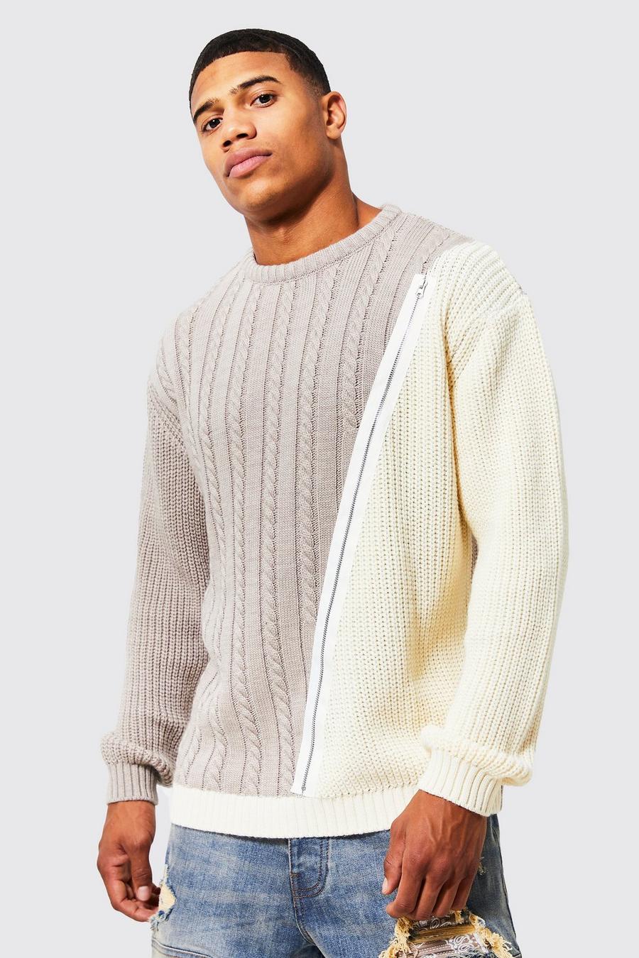 Ecru white Spliced Mixed Sttch Knitted Jumper With Zip image number 1