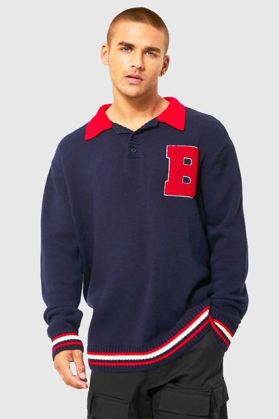 Navy Oversized Badge Chunky Knitted Polo  image number 1