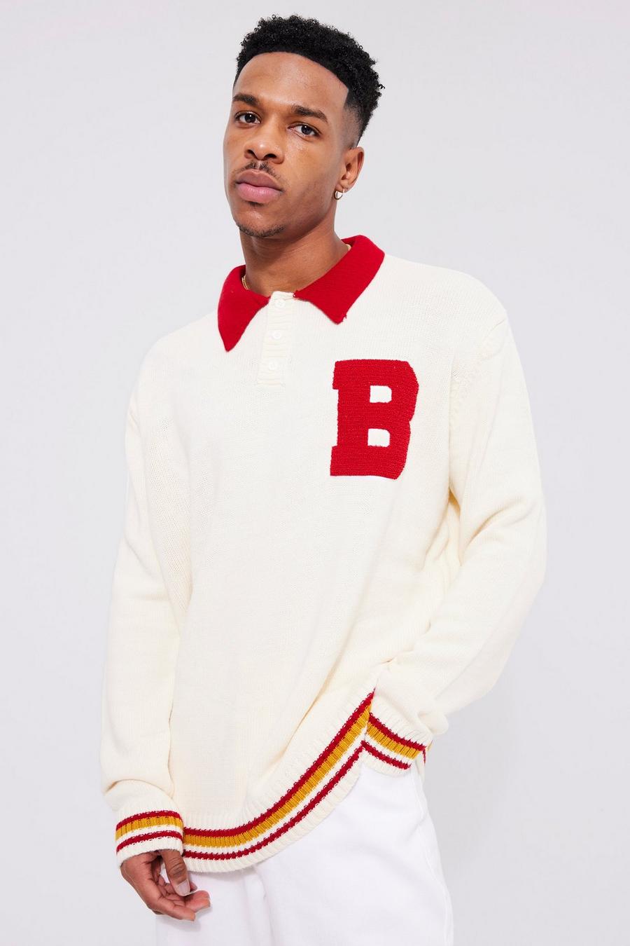 Ecru Oversized Badge Chunky Knitted Polo  image number 1