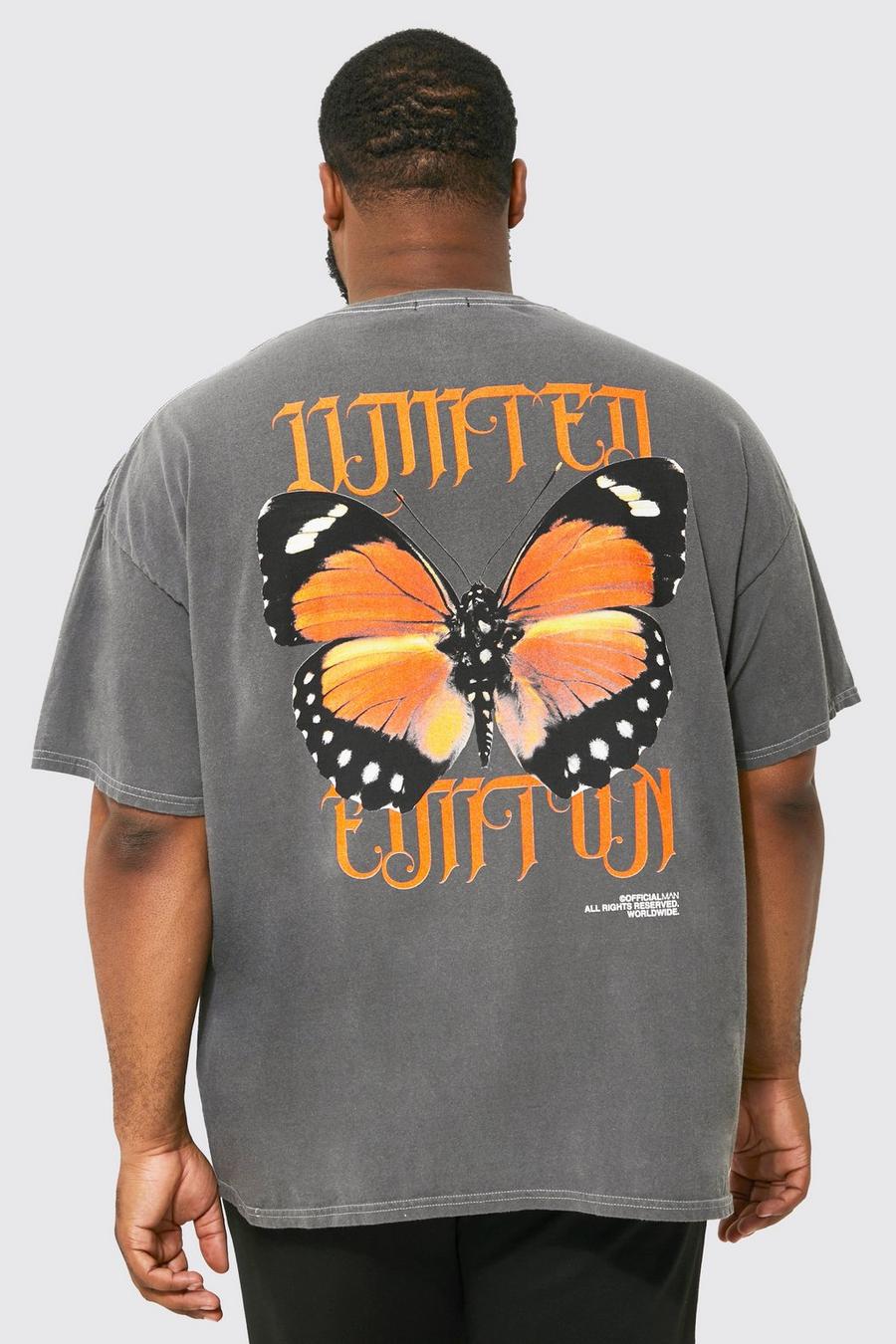 Charcoal grey Plus Overdye Butterfly Print T-shirt