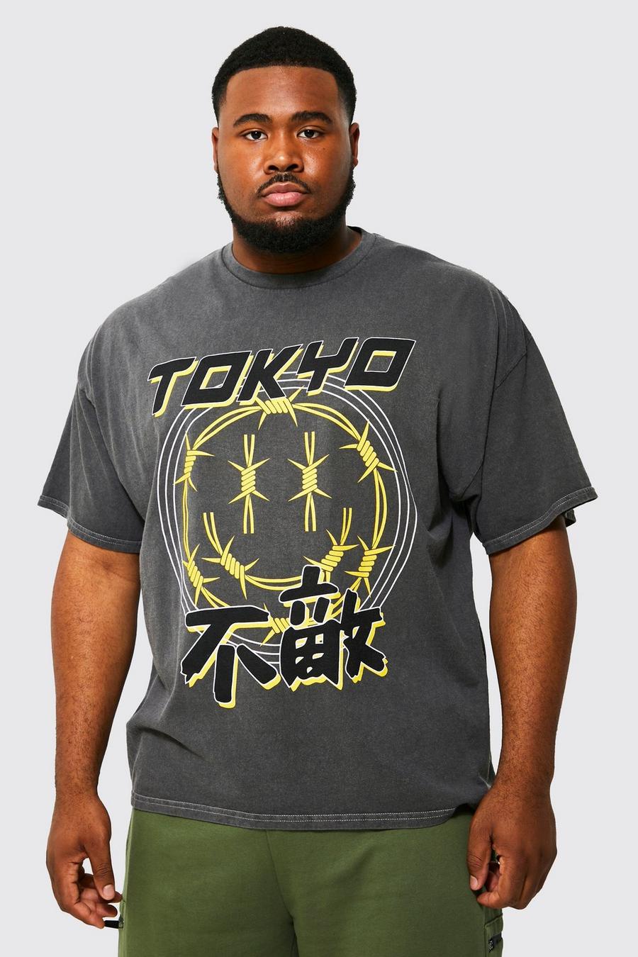 Grande taille - T-shirt surteint à imprimé Tokyo, Charcoal image number 1