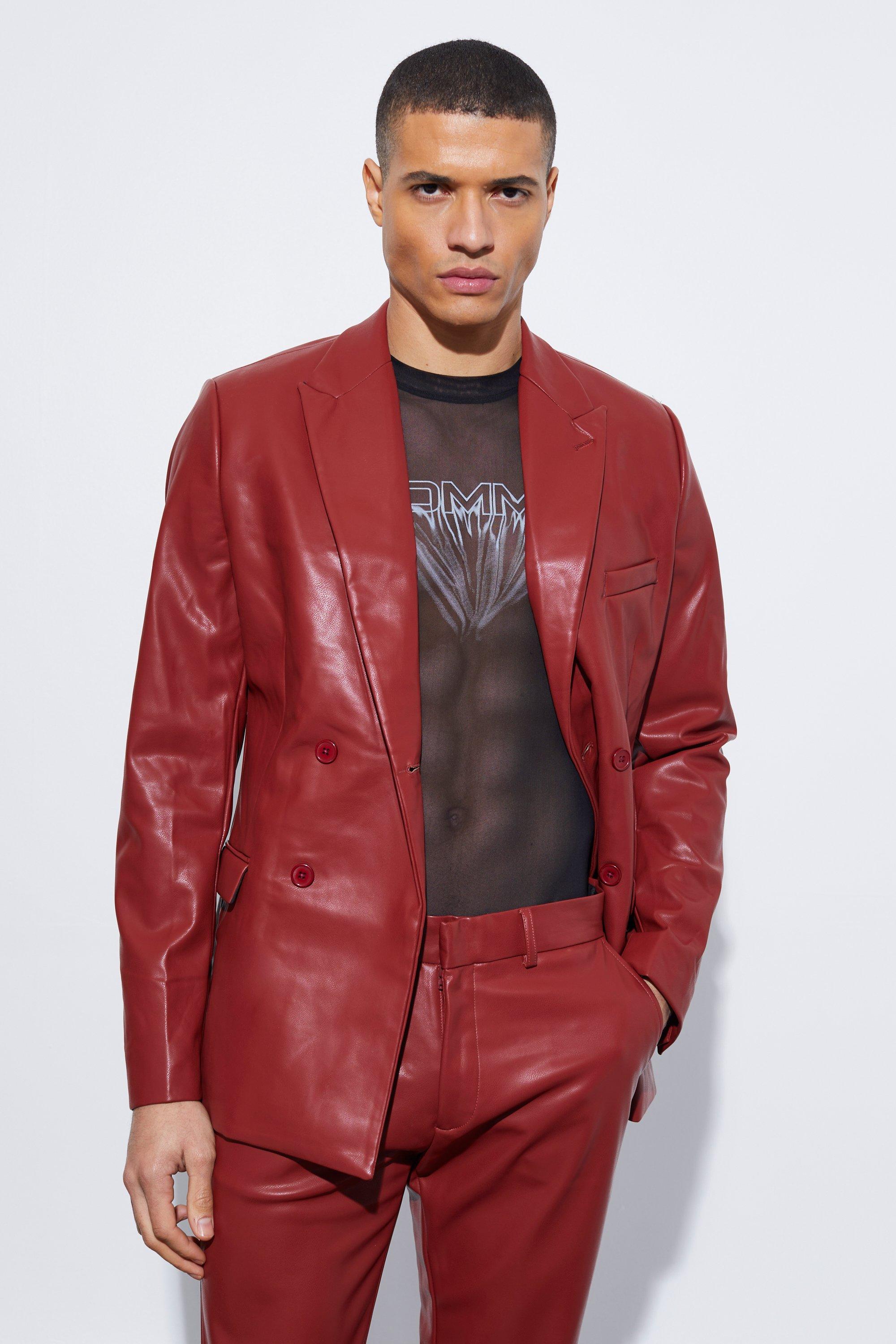 Burgundy Slim Double Breasted Pu Suit Jacket