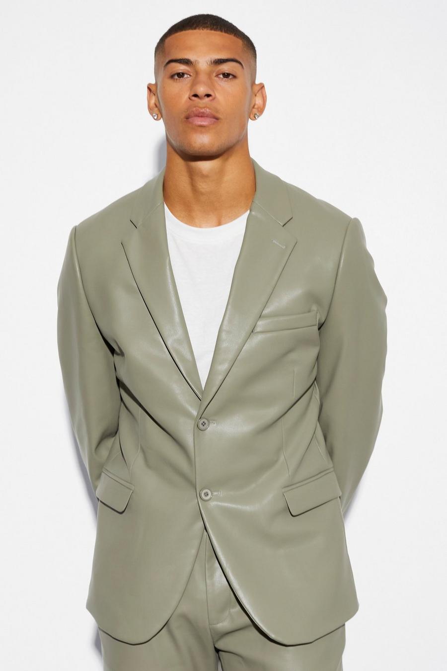 Khaki Slim Single Breasted Pu Suit Jacket