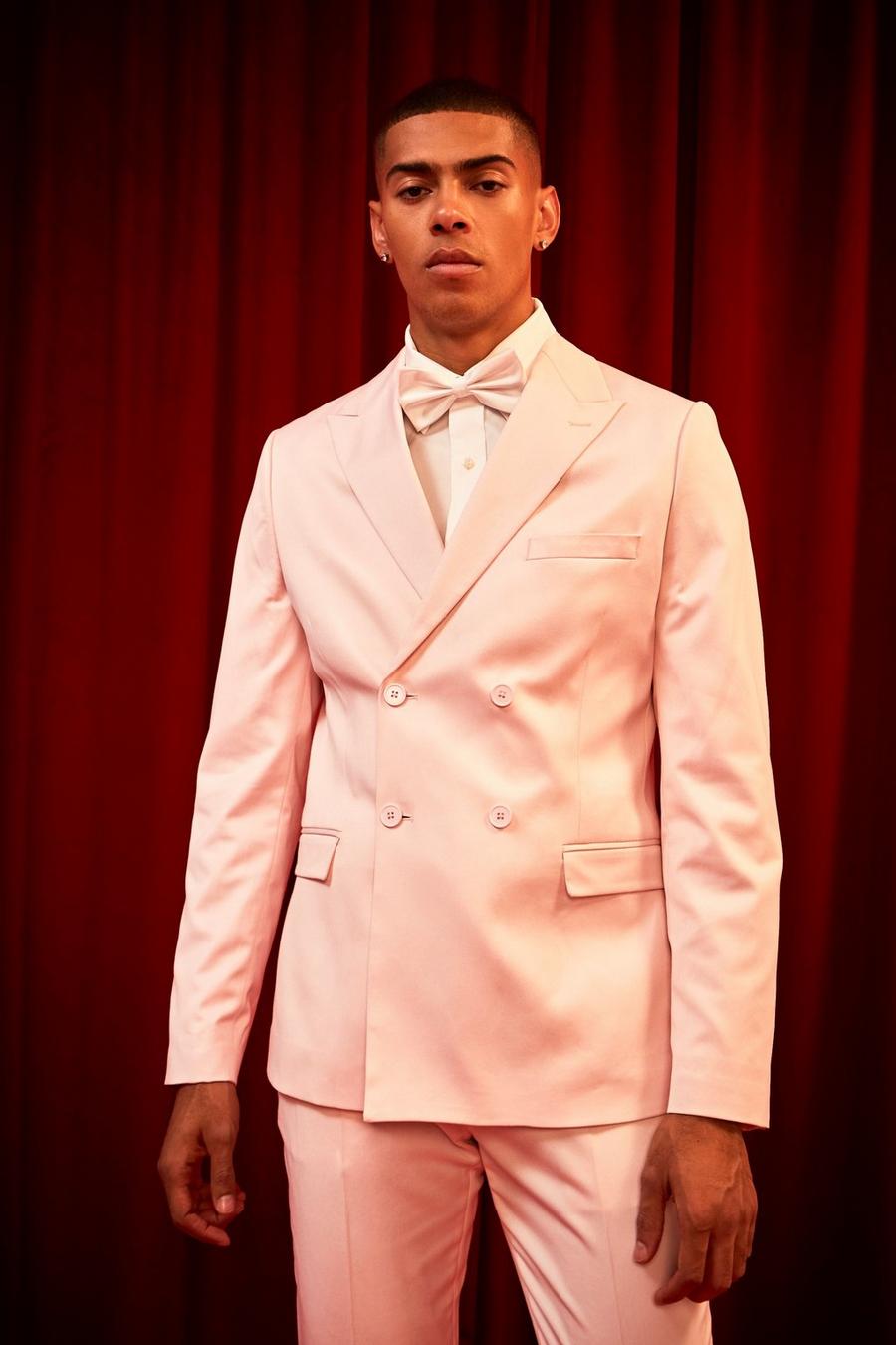 Light pink Slim Double Breasted Satin Suit Jacket image number 1