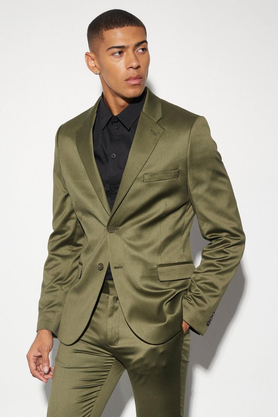 Olive Skinny Satin Suit Jacket image number 1