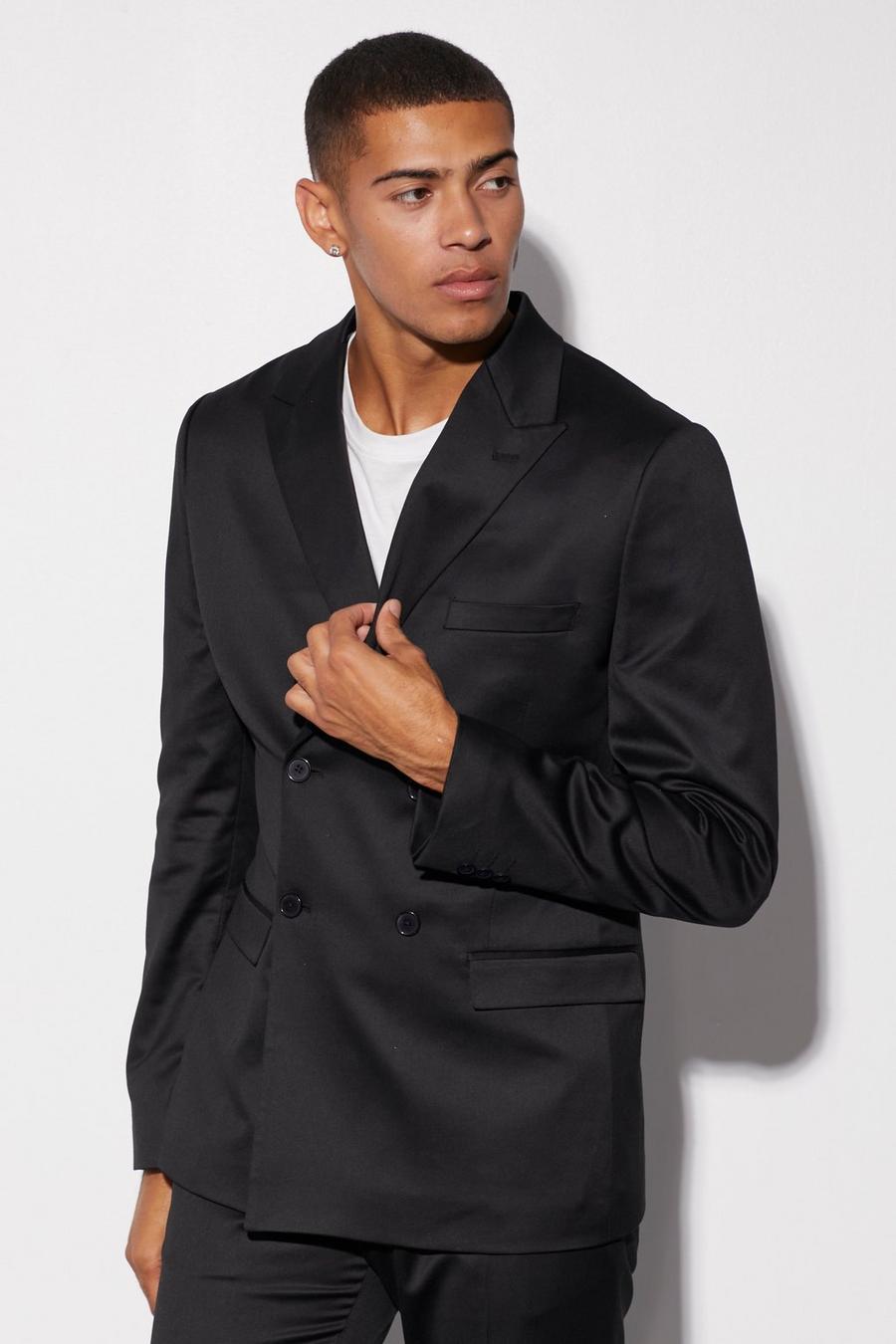 Black Slim Double Breasted Satin Suit Jacket image number 1