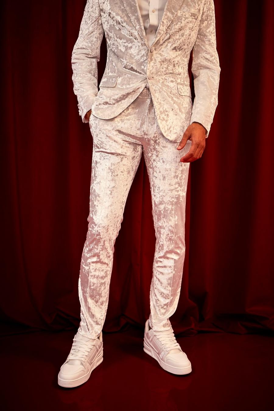 Silver Skinny Crushed Velvet Suit Trousers image number 1