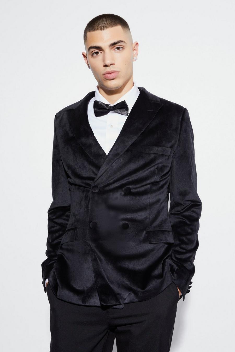 Black Skinny Velour Double Breasted Suit Jacket