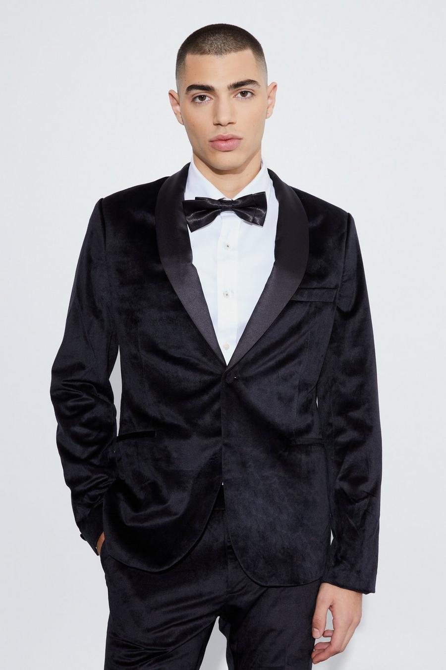 Black svart Slim Velour Satin Lapel Suit Jacket image number 1