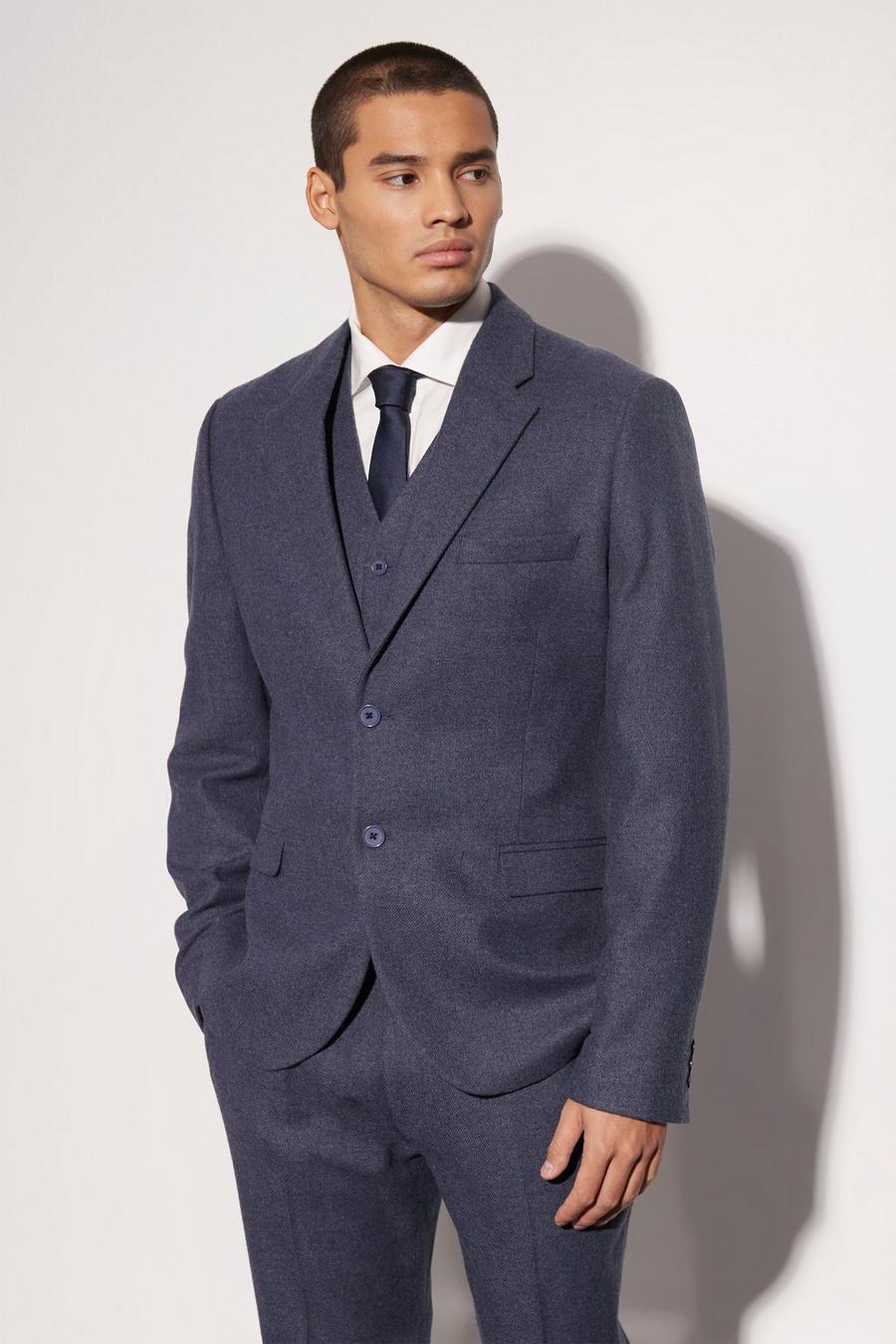 Charcoal grey Slim Wool Tweed Single Breasted Suit Jacket