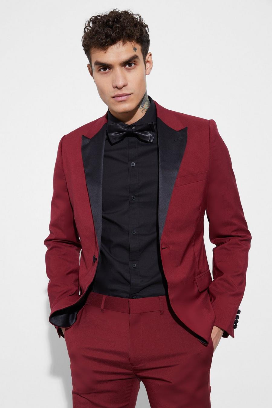 Burgundy röd Skinny Tuxedo Single Breasted Suit Jacket