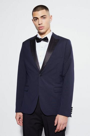 Navy Skinny Tuxedo Single Breasted Suit Jacket