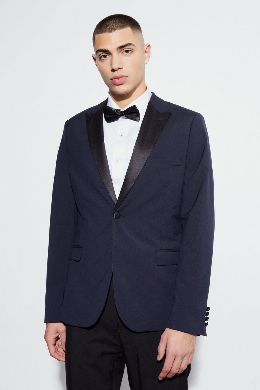 Navy Skinny Tuxedo Single Breasted Suit Jacket image number 1