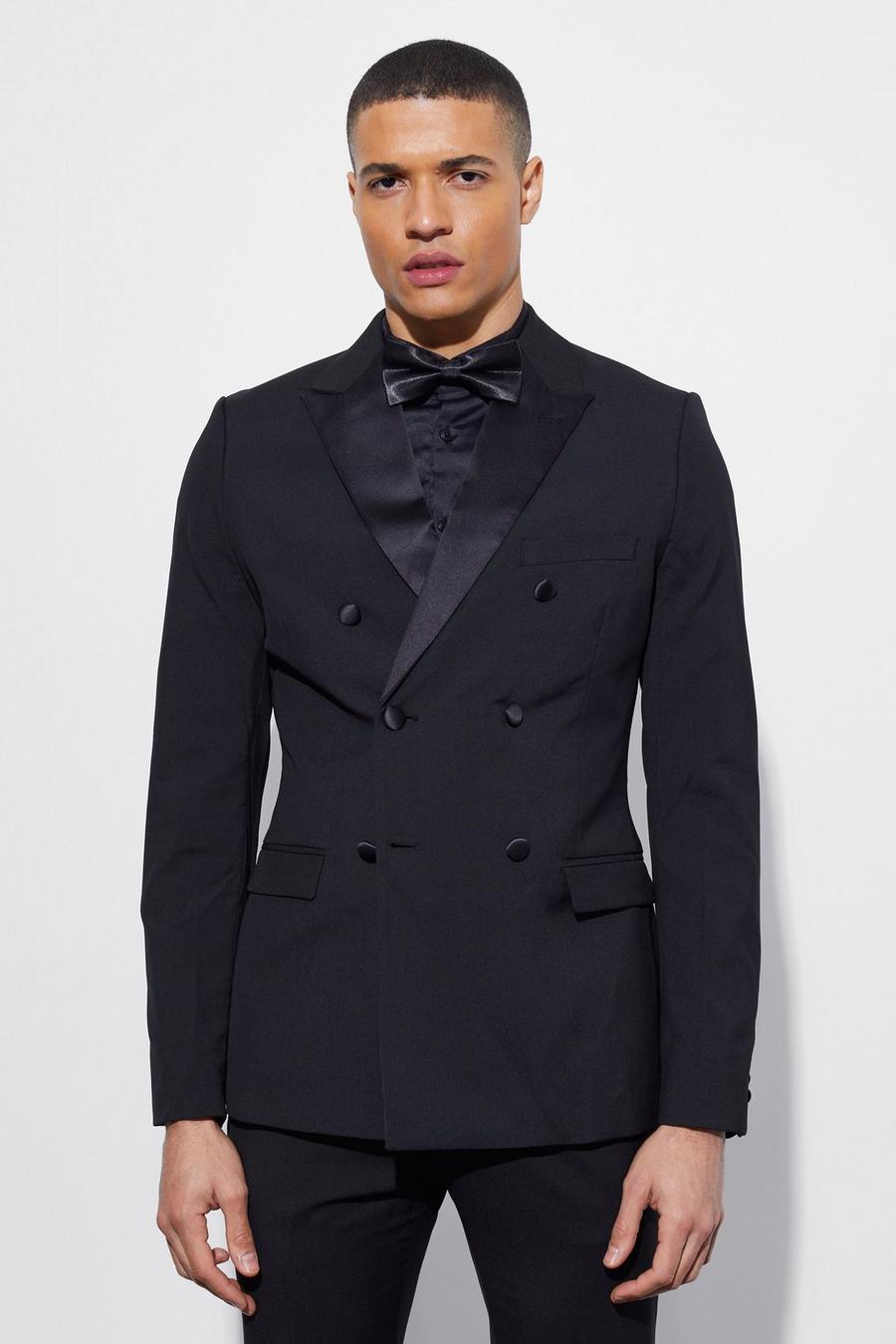 Black Skinny Tuxedo Double Breasted Suit Jacket image number 1