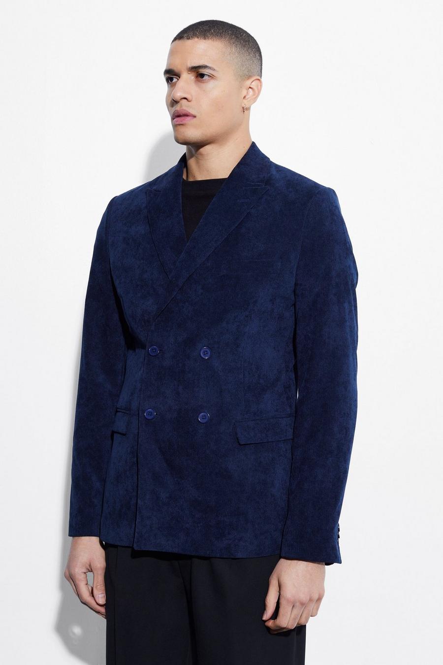Navy Slim Cord Double Breasted Suit Jacket