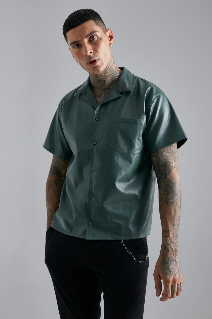 Dark green vert Short Sleeve Boxy Fit Pu Shirt 