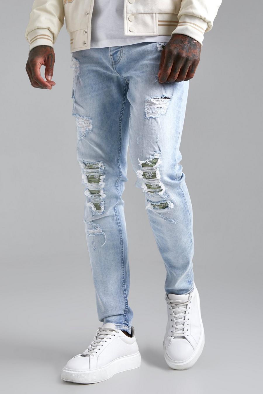 Light blue Skinny Stretch Bandana Rip And Repair Jeans image number 1
