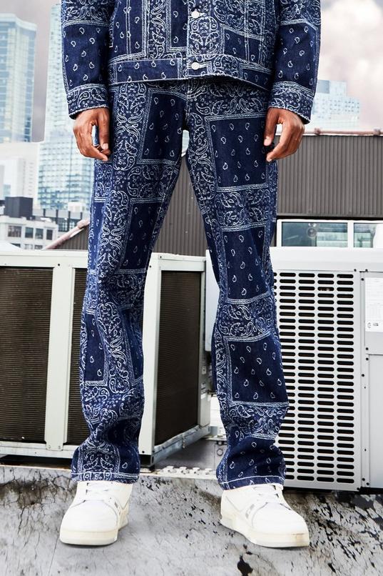 Relaxed Fit Bandana Jacquard Jeans | boohoo USA Relaxed Fit Bandana Jacquard Jeans | boohoo USA