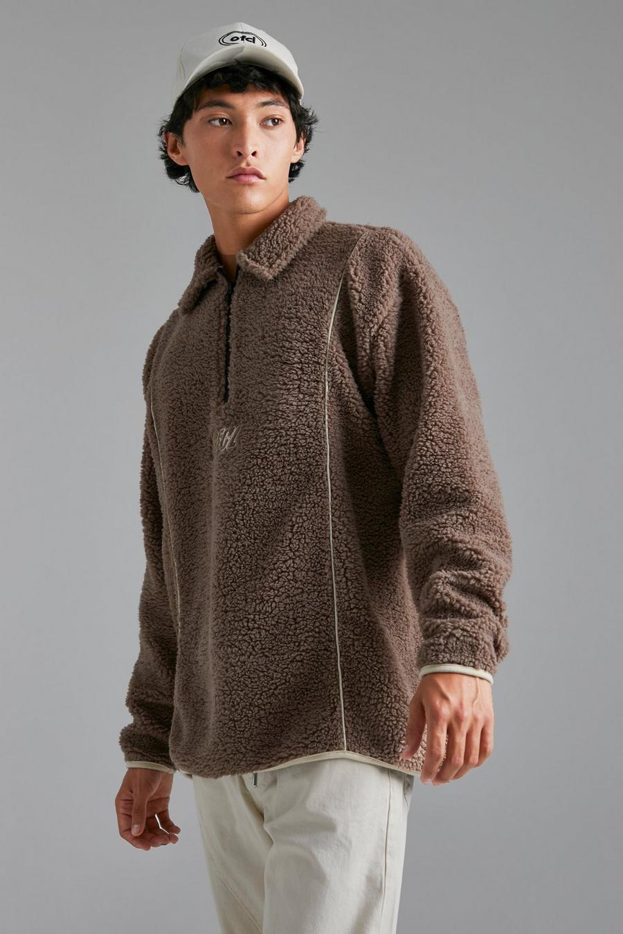 Taupe Oversized Pluizige Official Trui Met Rits image number 1