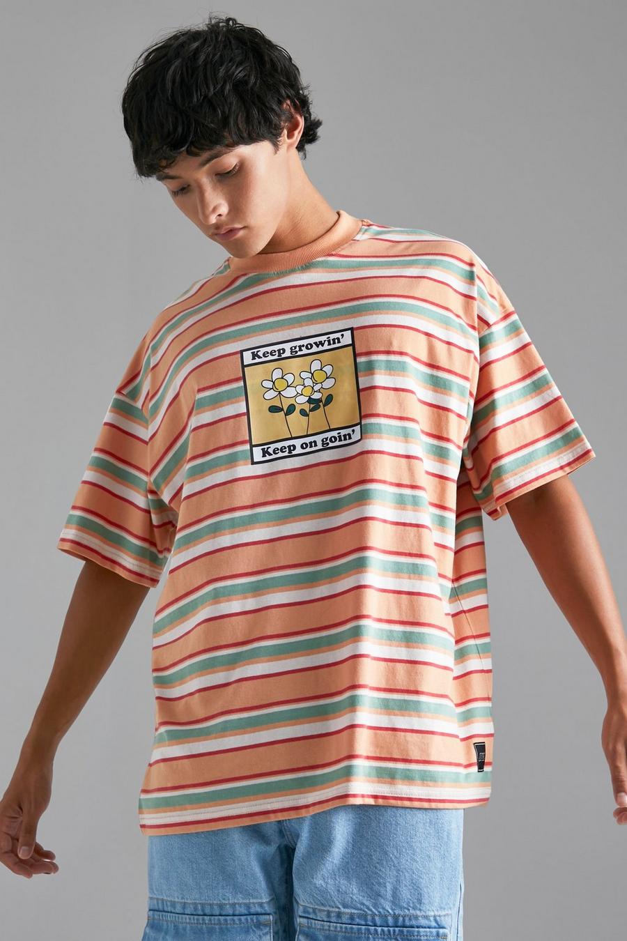Orange Oversized Graphic Stripe T-shirt image number 1