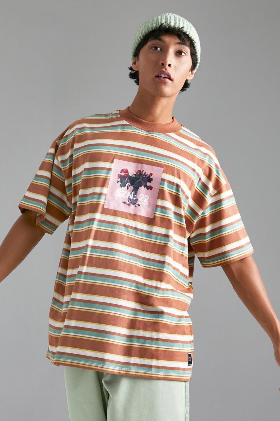 Brown Oversized Graphic Stripe T-shirt image number 1