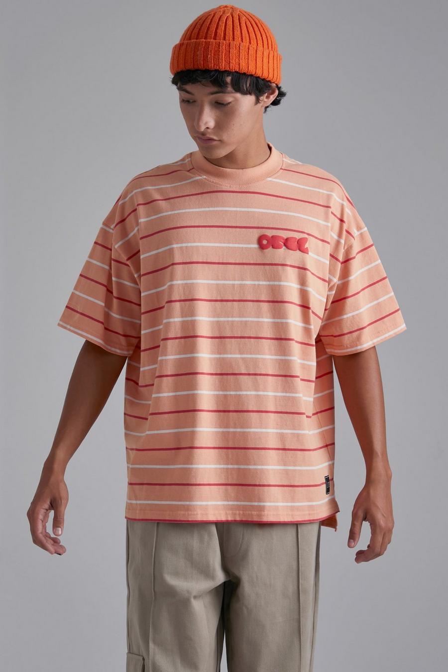 Orange Oversized Ofcl Stripe Step Hem T-shirt