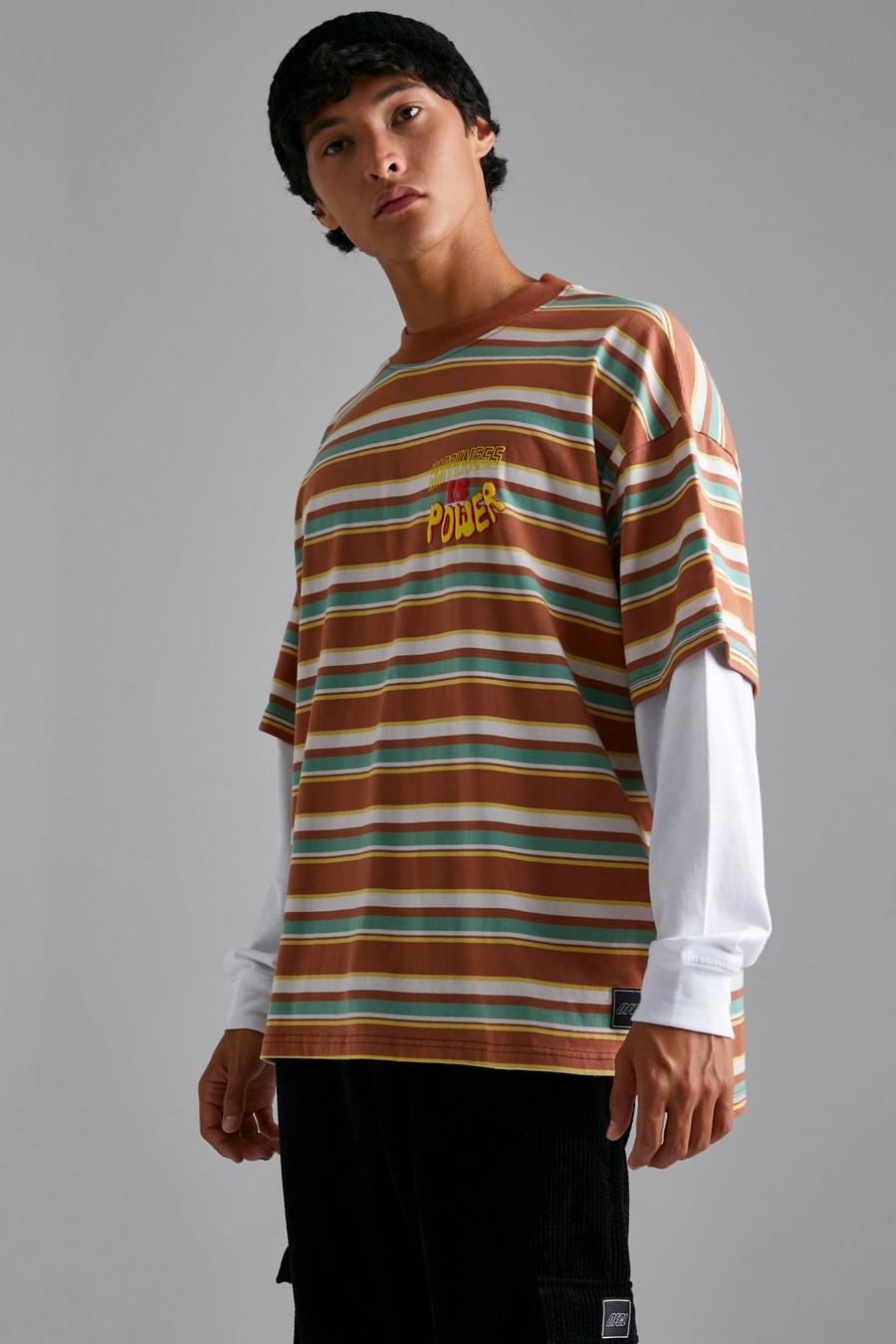 Brown Oversized Slogan Faux Layer Stripe T-shirt image number 1